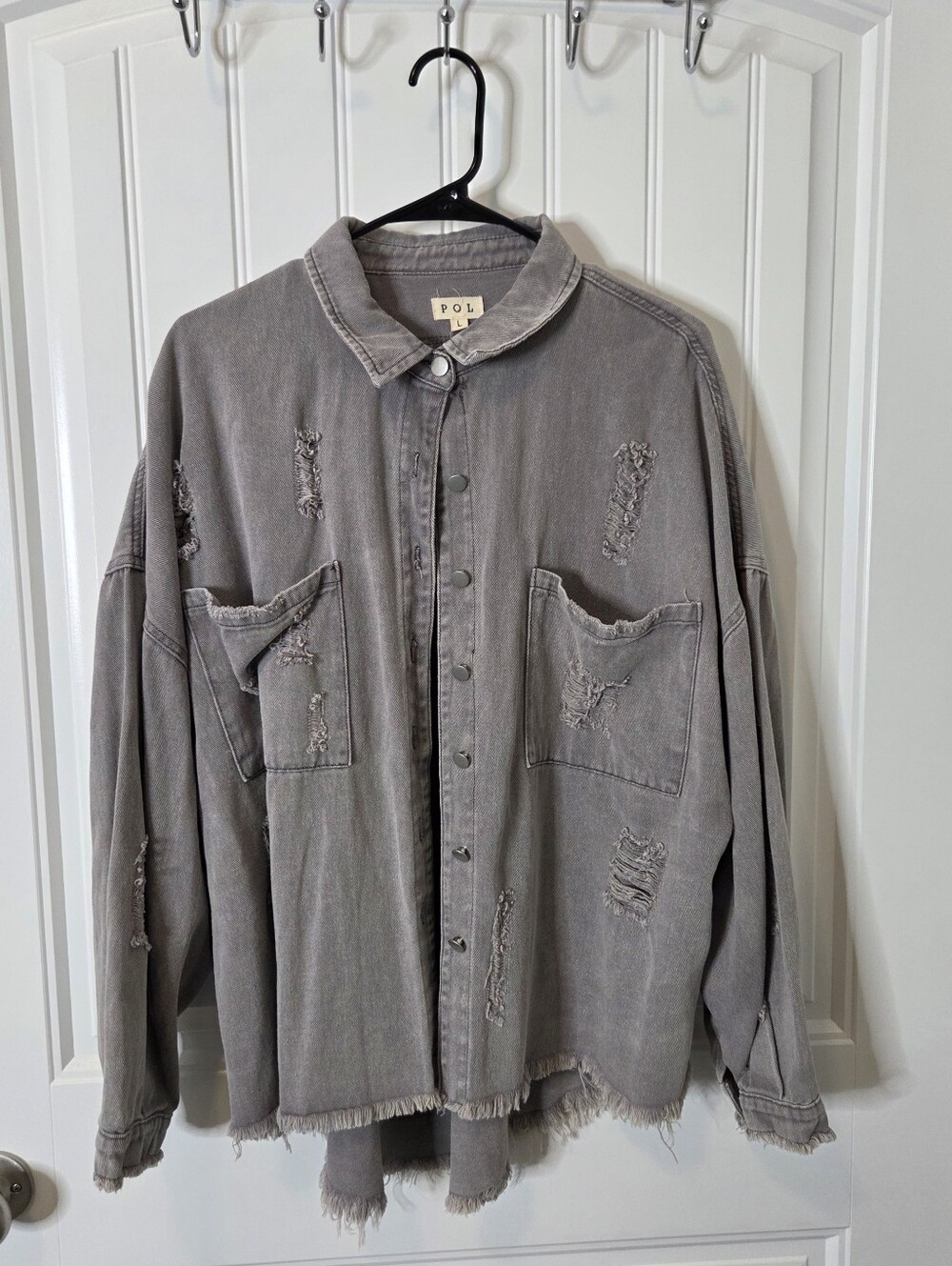POL Distressed Denim Shacket Jacket Oversized Frayed Raw Hem Violet Gray Large - Picture 4 of 11